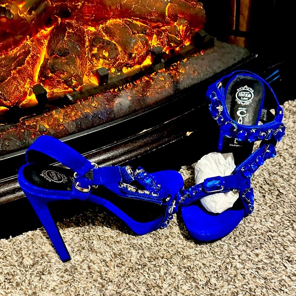 Limited Edition Jeffrey Campbell blue suede and stone sandal.